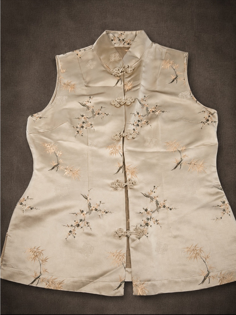 Vintage Chinese Silk Blend Mandarin Collar Frog Closure Embroidered Vest Top L